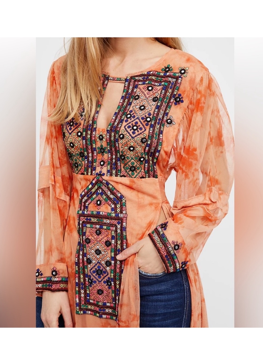 Free People Orange Embroidered Tie-Front Tunic